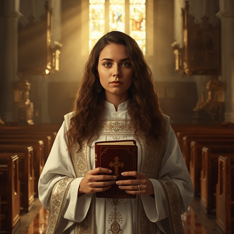 Woman clergy in white and gold vestments holding Bible.