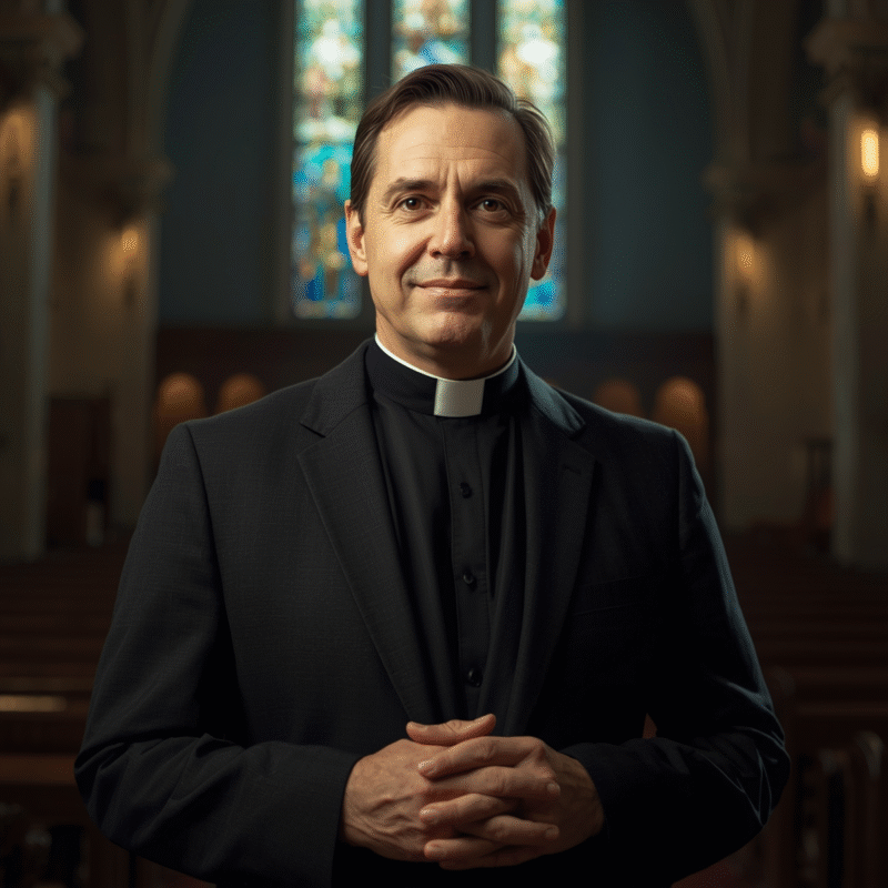 Clergyman in a black clergy suit symbolizing faith and dignity inside a historic church.