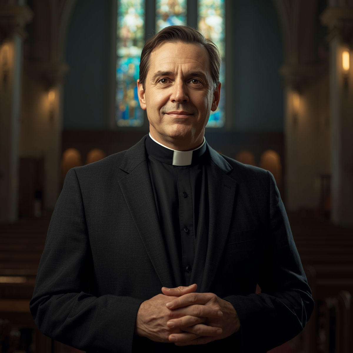 Clergyman in a black clergy suit symbolizing faith and dignity inside a historic church.