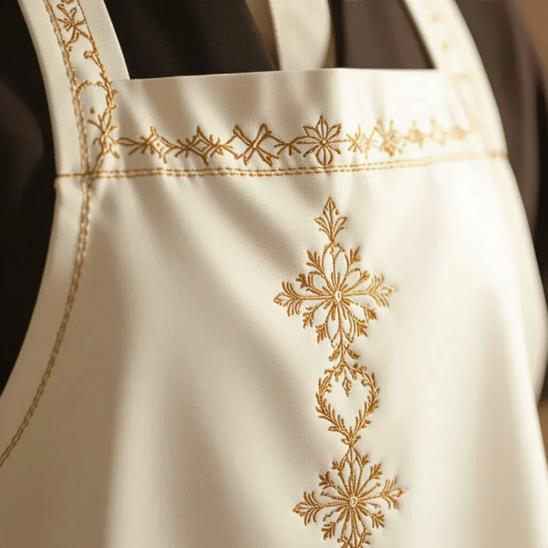 Detailed view of clergy apron stitching and craftsmanship.