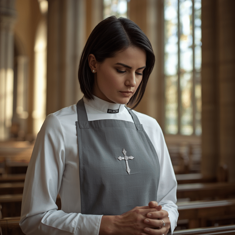 Female clergy wearing an elegant grey clergy apron.