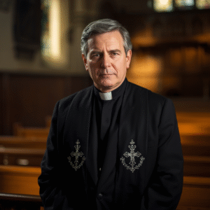 Priest wearing traditional clergy apron before service.