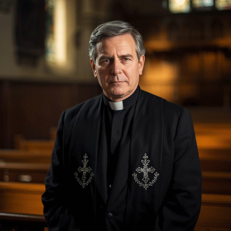 Priest wearing traditional clergy apron before service.