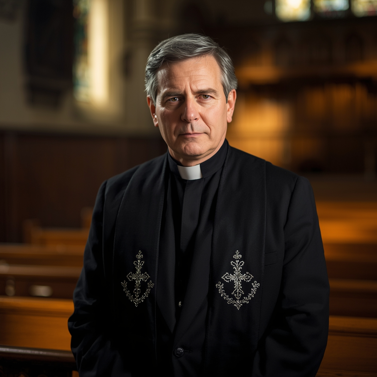 Priest wearing traditional clergy apron before service.