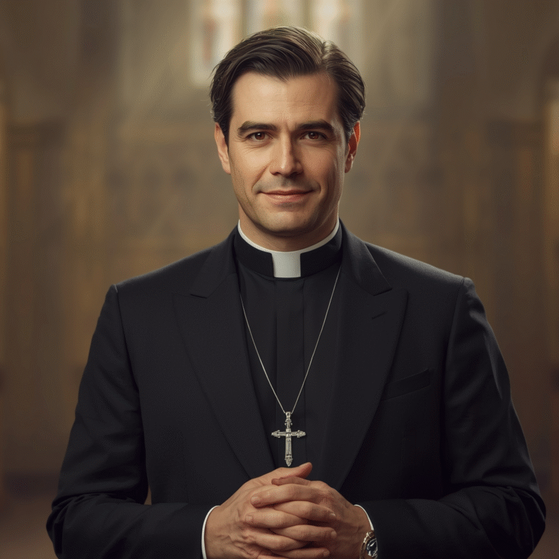 Male clergy in tailored black suit standing in cathedral light.