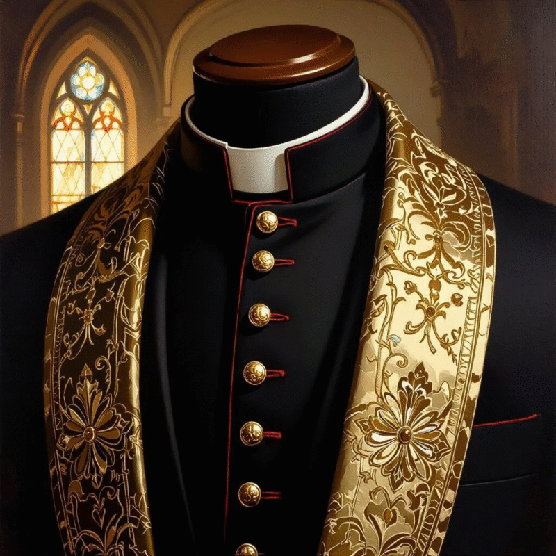 Handcrafted clergy suit symbolizing spiritual grace and quality craftsmanship.