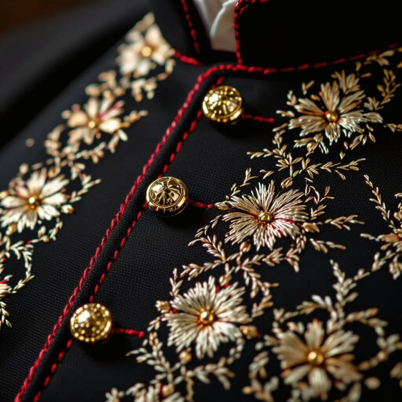 Close-up of black cassock stitching and tailoring detail.