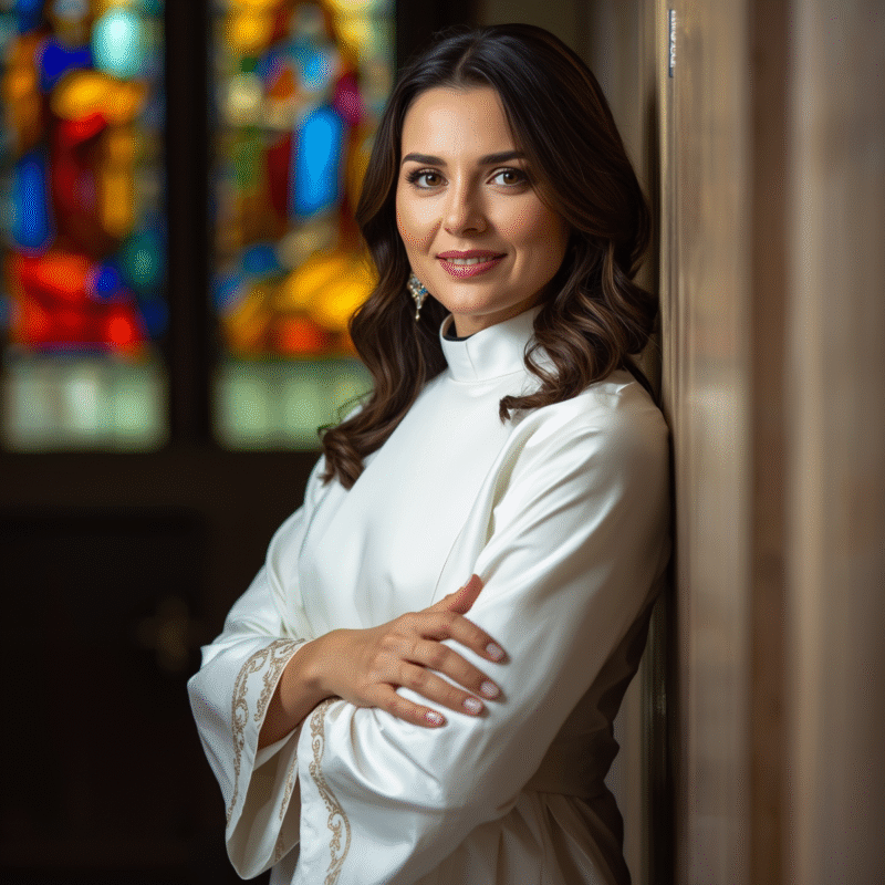 Woman clergy in fitted white robe near stained glass window.