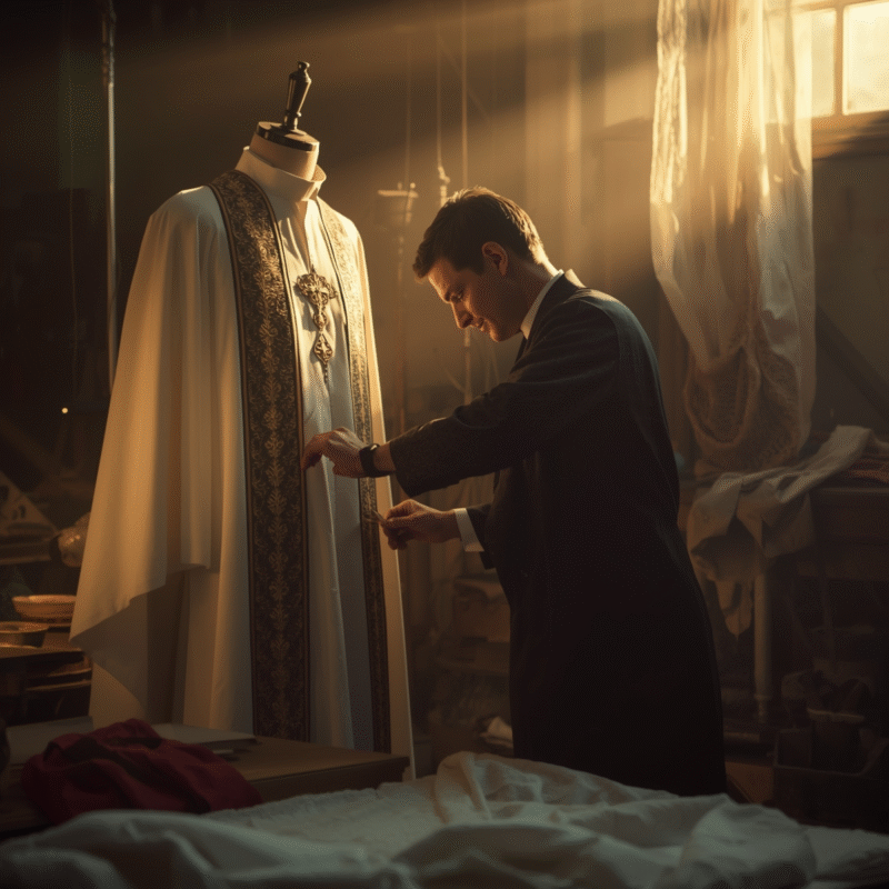 Tailor measuring clergy robe in warm-lit workshop.