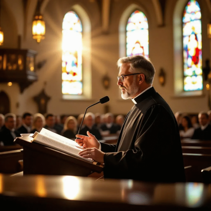 Clergyman in a dark clergy suit delivering a sermon in a warmly lit chapel.