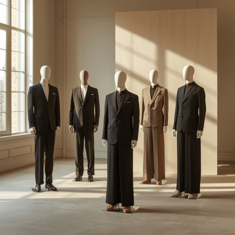 Modern clergy suits for men and women displayed in a minimalist studio setting.