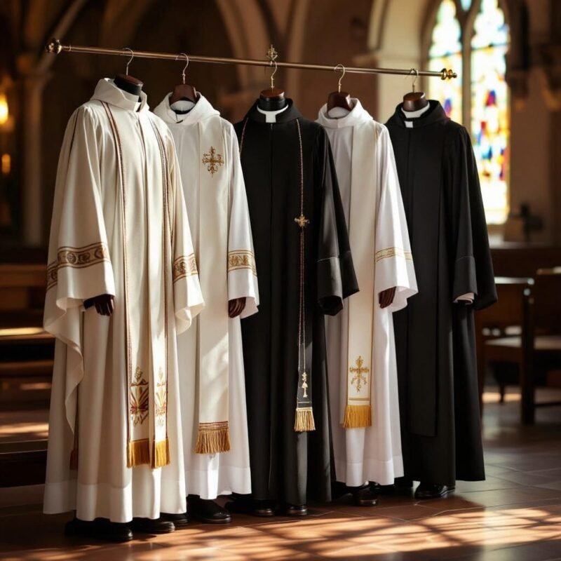 Tailored clergy attire hanging in a tailoring studio.