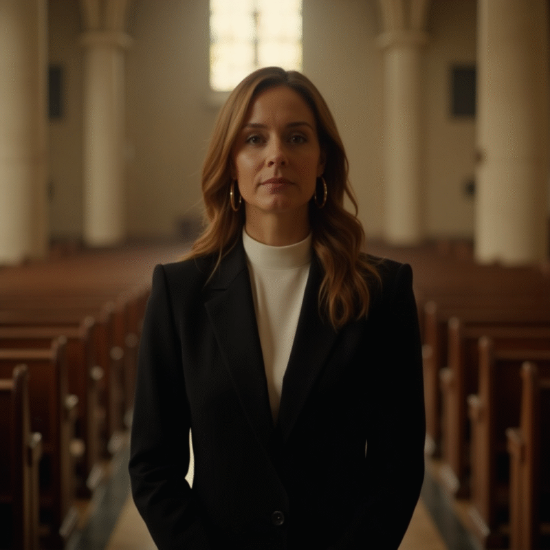 Woman clergy adjusting white clergy suit before service.