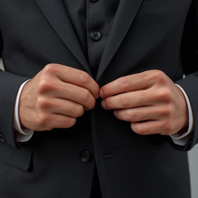 Close-up of a minister buttoning a finely stitched clergy suit, symbolizing devotion and craftsmanship.