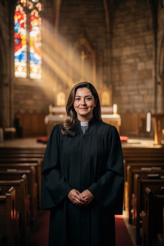 Elegant ladies clergy robe worn during church service with structured tailoring and flowing design.