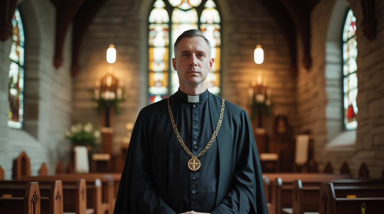 Minister wearing Anglican cassock and surplice in a traditional church — priest robes for ordained clergy.