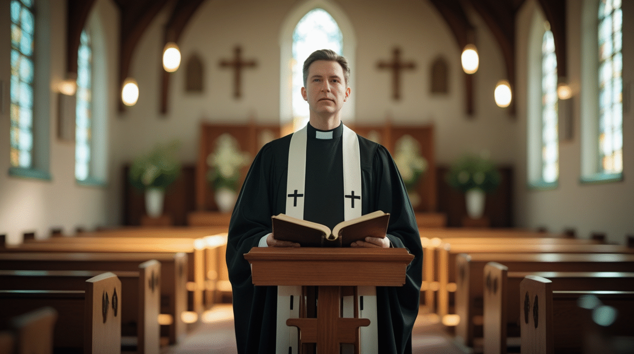 Pastor in black Geneva gown at church pulpit — Protestant clergy robe for preaching.