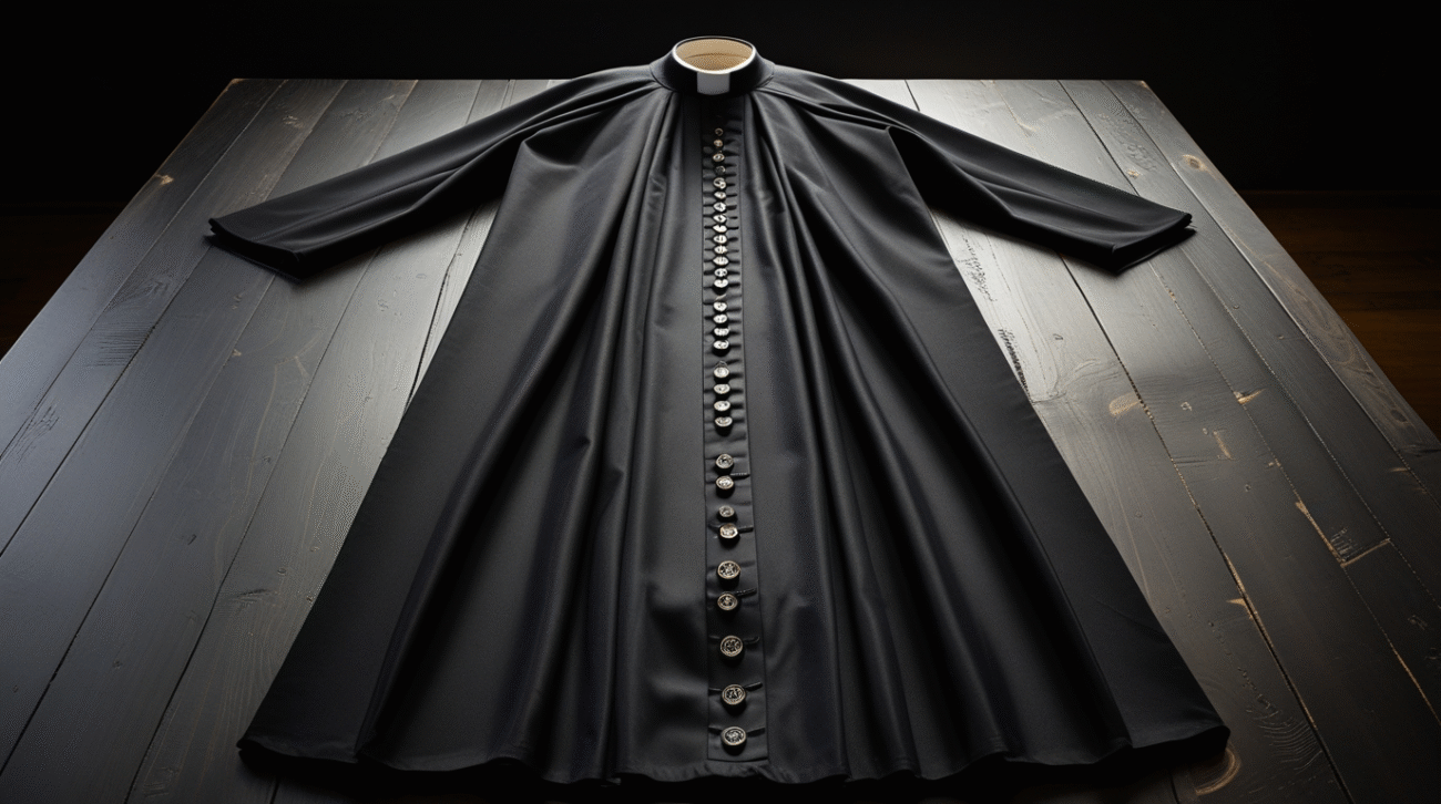 Black Anglican cassock with 39 buttons — traditional priest robe fabric and detail.