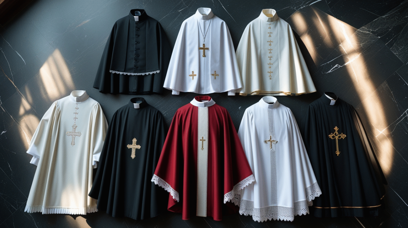 Collection of clergy vestments including alb, surplice, cassock and chasuble.