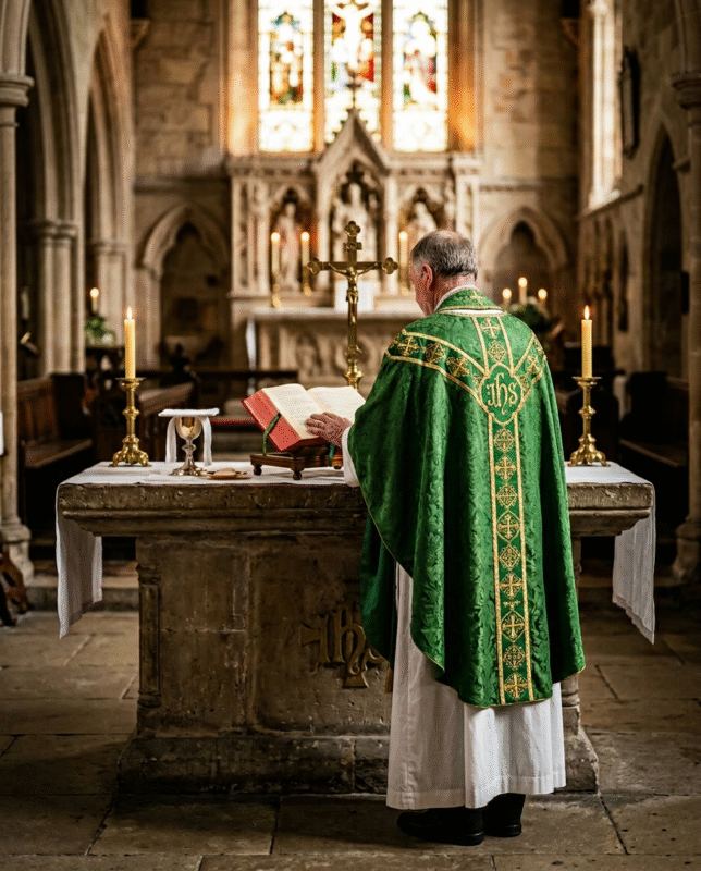A Catholic priest wearing an alb, stole, and green chasuble liturgical vestments.