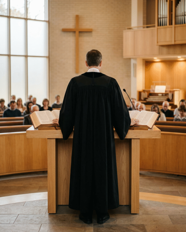 Protestant minister wearing a black Geneva gown at the church pulpit.