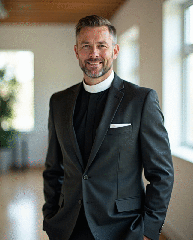 Pastor wearing dark charcoal clergy suit with white clerical collar shirt