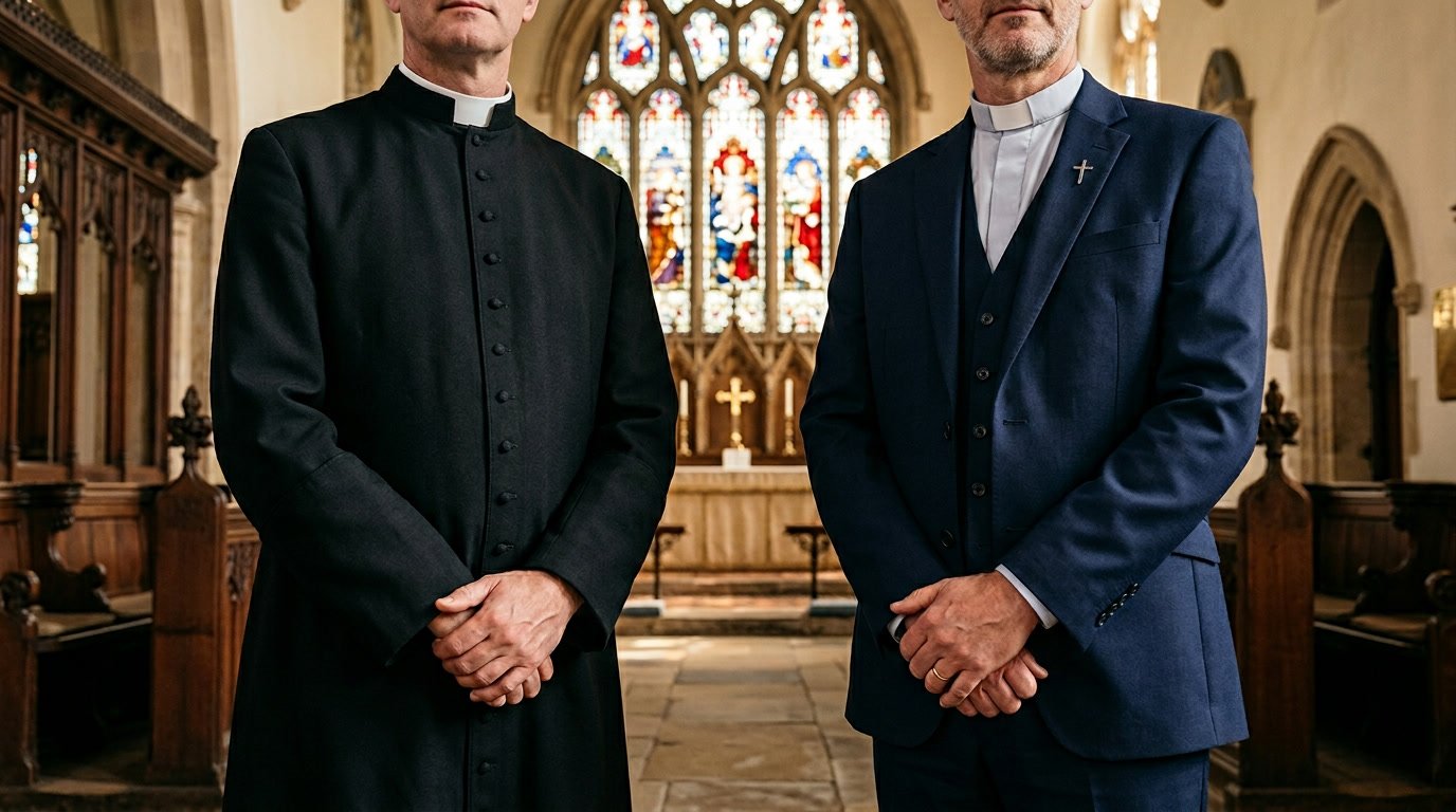 Catholic priest and Protestant pastor side by side — clergy attire comparison at Worship Attires
